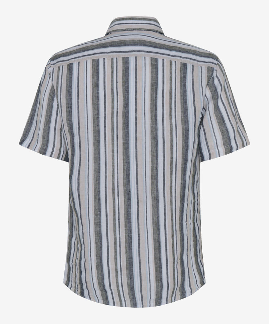 彩色條紋短袖亞麻襯衫