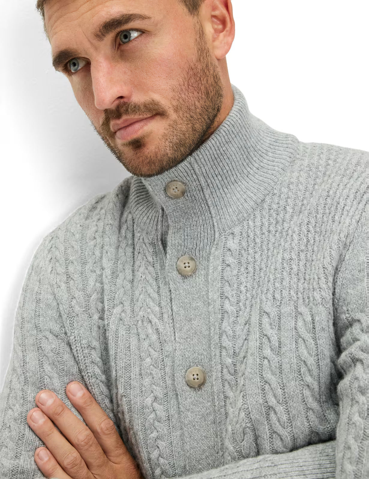 電纜針織圖案紐扣立領針織開衫