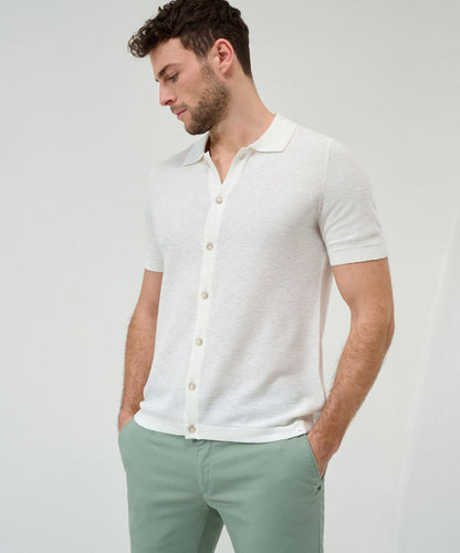 棉麻混紡紐扣門襟半袖針織衫